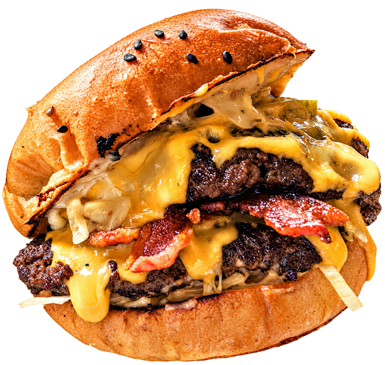 Giant cutout of a BYB double beef burger with bacon and dripping melted cheese